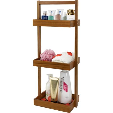 Étagère d'angle en teck pour douche à 3 niveaux avec poignée, panier de salle de bain en bois pour shampooing, étagère pour douche, bain, bureau, cuisine (1/5)