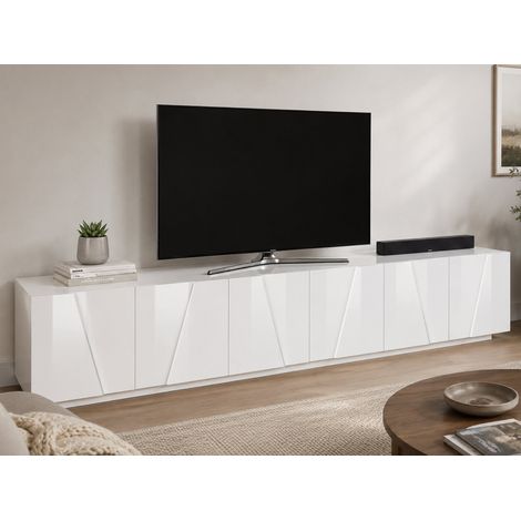 Dmora - Mobile porta TV Aemilor, Credenza bassa da soggiorno, Base porta televisione, 100% Made in Italy, cm 244x44h46, Bianco lucido (1/5)