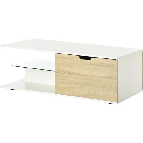 Moderner rechteckiger Couchtisch mit 2 Schubladen, 2 Ablagefächern, Ablagefläche aus gehärtetem Glas und weißen Paneelen in heller Eichenoptik