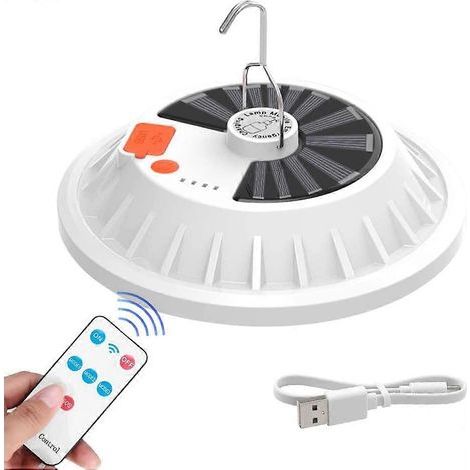 Lampe solaire de camping, lanterne suspendue à 120 LED avec télécommande, étanche IP65, 5 modes, chargeur USB portable 1200 mA (plat) (1/5)