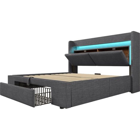 Cama con canapé 160x200 cm de lino gris con cabecero, LED, USB y USB-C (1/5)