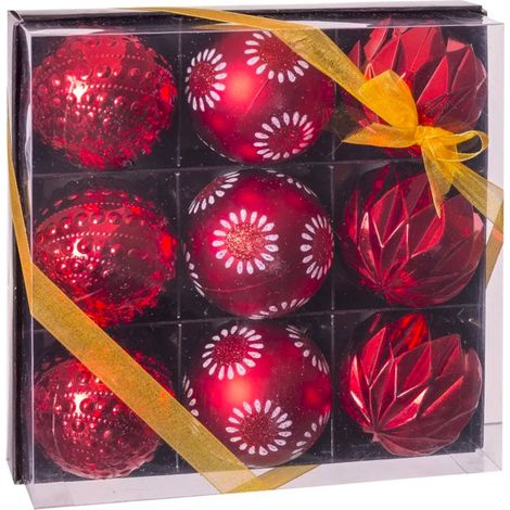 Set de 9 boules de Noël rouges décorées - 8cm (1/3)