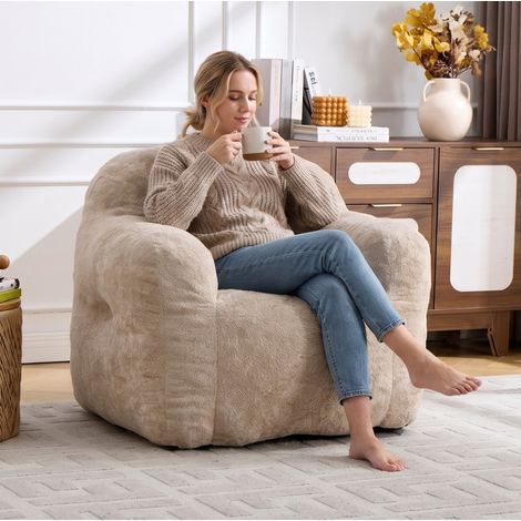 Poltrona pouf con braccioli, imbottitura in schiuma sminuzzata, pelliccia sintetica beige (1/5)