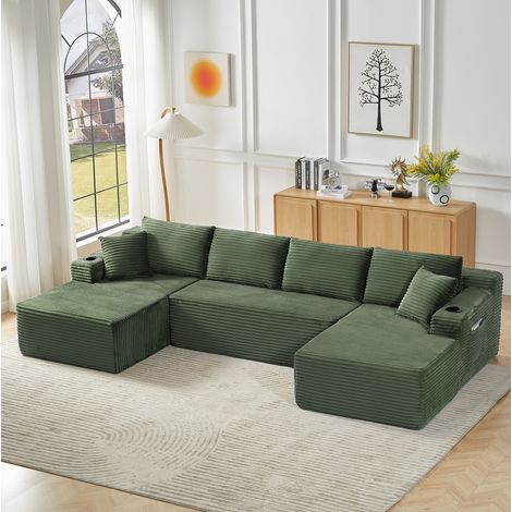 Divano modulare a U senza telaio, 3 moduli, velluto a coste verde, senza montaggio (1/5)