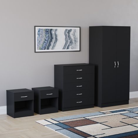 Riano 4 Piece Bedroom Set (1 Drawer Bedside Chest, 5 Drawer Chest, 2 Door Wardrobe) Black (1/5)