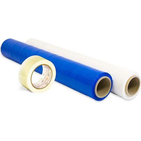 Lot de 2 films d'emballage coloré + ruban adhésif transparent, rouleau élastique 50 cm extensible jusqu'à 300 m, protecteur pour déménagement et emballage – (bleu, blanc + ruban transparent) (1/5)