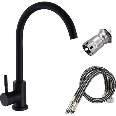 Robinet de cuisine noir en acier inoxydable avec tuyau d'alimentation de 60 cm, mitigeur de cuisine, rotatif à 360°, mitigeur monocommande de cuisine, raccord G3/8 (1/5)