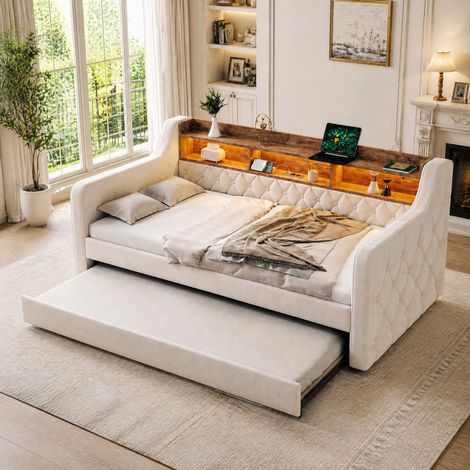 Canapé convertible 90x190 velours rangement beige HAVRYA (1/5)