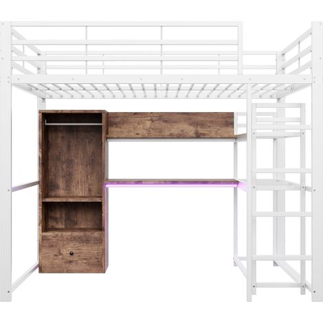 Cama alta 140 x 200 cm de metal blanco con escritorio, LED, almacenaje y escalera (1/5)