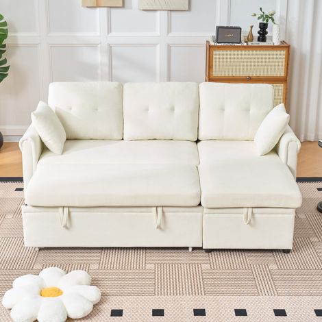 Sofá esquinero cama (206x130x85 cm), convertible en cama, con arcón de almacenaje, chaise intercambiable, chenilla beige (1/5)