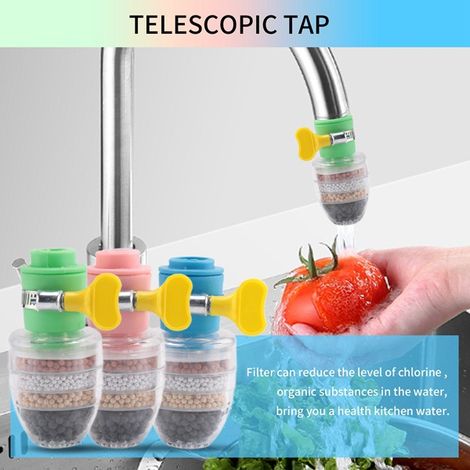 A set of 3 universal kitchen tap fittings in green + pink + blue PP + PVC with anti-splash shower heads and water filters. (1/5)