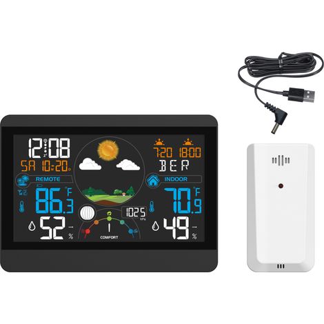 Stazione meteorologica wireless, sensore esterno, previsioni a 5 fasi, temperatura e umidità interne/esterne, fasi lunari, alba/tramonto, display USB (da tavolo)