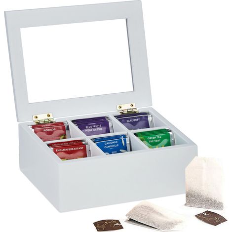 Scatola Porta Bustine Tè e tisane da 23x17x7,5 cm - Organizzatore bianco in Legno a 6 scomparti Coperchio con finestra trasparente (1/5)