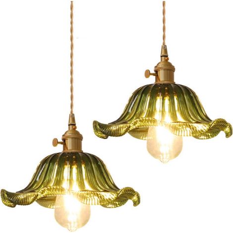 Lampade a Sospensione Retrò Lampadario a Soffitto Vetro Metallo Plafoniera Interna per Sala Bar Ristorante Verde 2 Pezzi