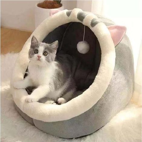 Lit pour Chat Tapis de Grotte Lavable pour Petit Chien en Peluche avec lit Amovible pour Chat et Maison (S-31x30x28cm,Chat Gris) (1/5)