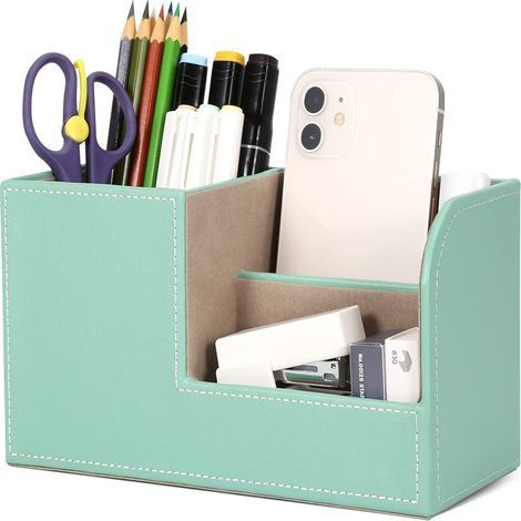 Organiseur de bureau en cuir PU, porte-stylo compact, vert menthe (1/5)