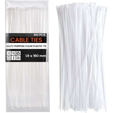 Lot de 100 serre-câbles blancs en nylon transparent 1,9 mm x 150 mm - Résistance à la traction sécurisée - Multi-usages - Mécanisme autobloquant sécurisé pour la maison, le jardin (1/5)