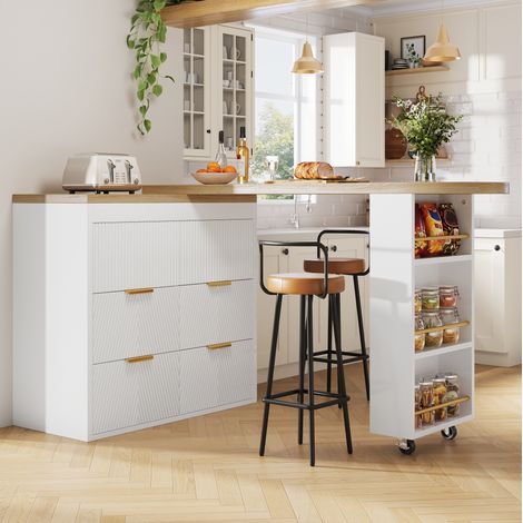 Aparador bar giratorio 360° de MDF blanco con 6 cajones, 128-203x39x90 cm, estante lateral y sistema antivuelco (1/5)