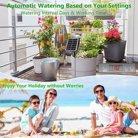 Bardusch - Kit di irrigazione a goccia solare, sistema di irrigazione a goccia con timer e tubo flessibile da 15 m, per giardino, balcone, prato, vasi per ortaggi, ideale per le vacanze. (1/4)