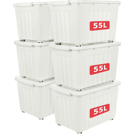 55L6 Boîtes de Rangement avec Couvercles, Boîte de Rangement en Plastique avec Clips et Roulettes, Empilables, Encastrables, pour Placard de Bureau à Domicile, Blanc, 55L, Lot de 6 (1/5)