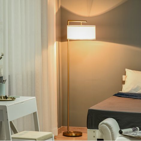 Lampada da terra con attacco E27 in acciaio e paralume in tessuto bianco oro 47x37x153 cm OKWISH (1/5)