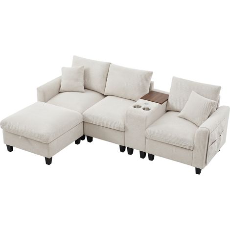 Sofá rinconera en L de pana beige con consola, 2 portavasos, USB y puff con almacenaje (1/5)