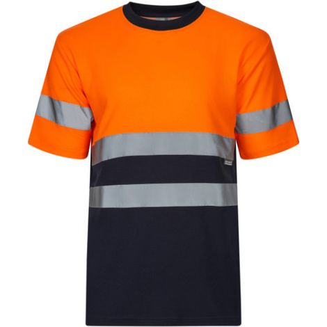 Camiseta algodón transpirable bicolor manga corta con cintas de Alta Visibilidad VELILLA Serie 305613 L Azul navy / Naranja flúor (1/5)