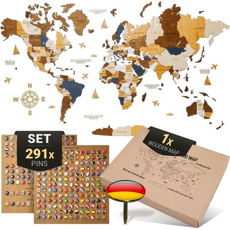 Décoration murale Carte du monde en bois 3D en allemand avec épingles Fixation murale sans outil Idée cadeau pour toute célébration Décoration murale pour la maison et le bureau (1/5)
