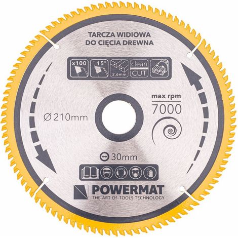 Lame de scie circulaire carbure 210mm – 100 dents pour coupe précise bois dur – Vitesse max 7000 trs/min – Acier trempé – Powermat