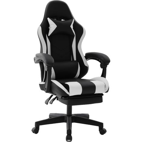 Chaise gaming ergonomique en similicuir avec repose-pieds – Blanc (1/5)