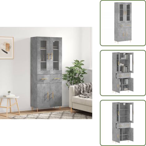 The Living Store Buffet haut Gris béton 69,5x34x180 cm Bois d'ingénierie - Buffet Design Moderne - Meuble Rangement Gris - Armoire Cuisine - Buffet Haute Capacité - Buffet Salon (1/5)