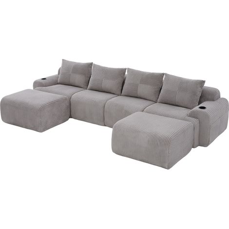 CAIziCanapé modulable en velours côtelé pour 4 personnes (avec 2 poufs), combinable librement, avec porte-gobelet et poche de rangement latérale, idéal pour le salon, la salle familiale et d'autres pi