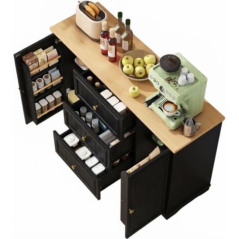 ELVMI Aparador de Cocina con Puertas, 3 Cajones y Estantes Ajustables para Cocina, Comedor, en MDF Negro (1/5)
