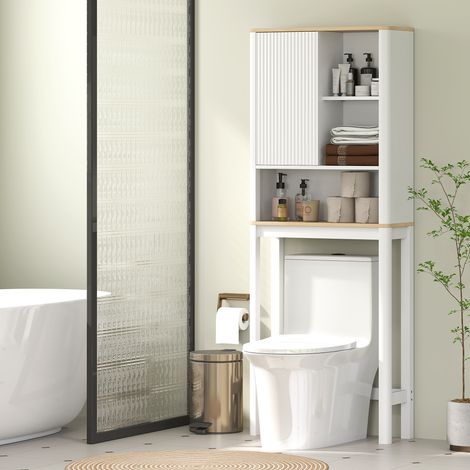 Étagère de toilette suspendue avec armoire cannelée, rangement vertical, étagère ajustable, compartiments spacieux, 65x25x170 cm, blanc (1/5)
