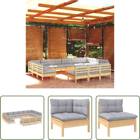 Terrassensofa -  14-tlg. Garten-Lounge-Set mit Grauen Kissen Kiefer Massivholz (1/5)