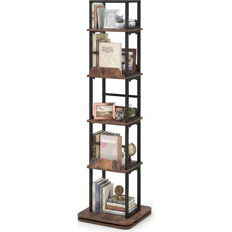 Bibliothèque Rotative, Étagère à Livres à 5 Niveaux, Étagères Ouvertes avec Bordures Latérales & Butées Antichute, 40 x 40 x 148,5 cm (1/5)