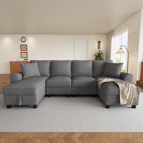 Canapé d’angle modulable en U 4 places 280x137x84 cm-2 méridiennes avec rangement-2 coussins-Chenille Gris (1/5)