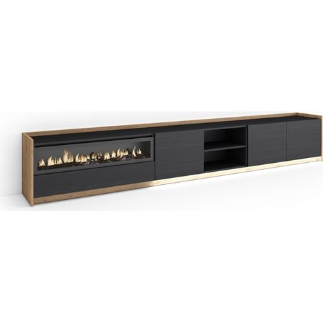 Skraut Home - TV-Schrank, Lowboard, für Wohnzimmer und Esszimmer, 310x37x50cm, Für TV-Geräte bis zu 80", Elektrokamin., LED, Moderner Stil, Schwarz Eiche (1/5)