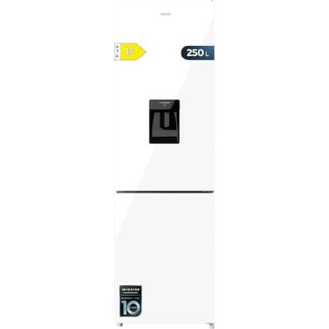 Frigorifero combinato in vetro nero, alto 180 cm e largo 55 cm, con capacità di 250 litri, compressore Inverter Plus, Total No Frost, classe energetica D e sistema Multi Air Flow.