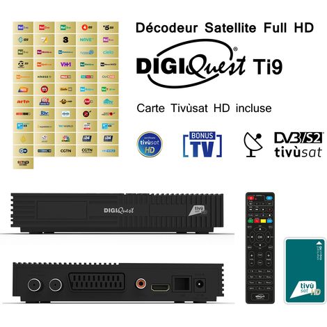 Pack Tivùsat Décodeur Satellite Full HD - DIGIQUEST Ti9 + Carte Tivùsat HD Activation Comprise - Full HD 1080p, Programmes TV Gratuits sur Tivùsat