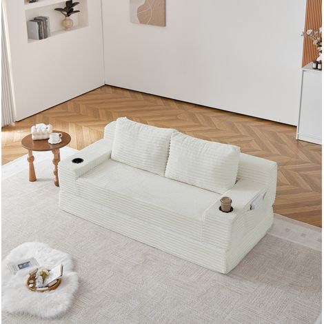 Divano letto 2 posti 2 in 1 in velluto a coste, 180x85 cm, beige, con portabevande e tasche OKMYHOME (1/5)