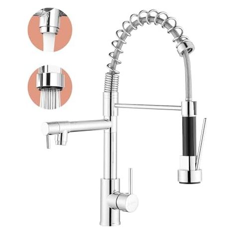 Robinet de cuisine en acier inoxydable pivotant à 360°, mitigeur haute pression avec douchette extractible, double jet pour évier de cuisine-Argenté