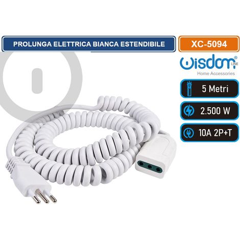 PROLUNGA ELETTRICA BIPASSO ESTENDIBILE 10A CON SPINA E PRESA 2P+T - LUNGHEZZA REGOLABILE DA 1,2 A 5 METRI SICURA FLESSIBILE E SALVASPAZIO (1/2)