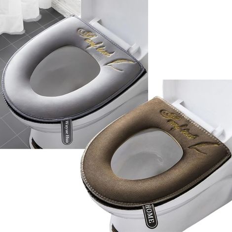 2 - WC-Sitzbezug - Dickes Kissen - Weich und waschbar mit Reißverschluss - Für ovale Sitze - Grau und Braun (1/5)
