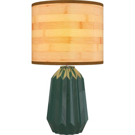 Lampe de table base céramique abat-jour lin style rétro 40W vert bois naturel