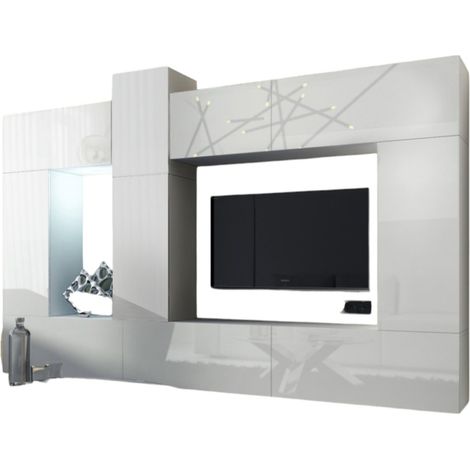 Set di mobili da soggiorno bianchi sospesi collezione CEPTO XXII. 273cm, 10 pezzi, LED, modulari.