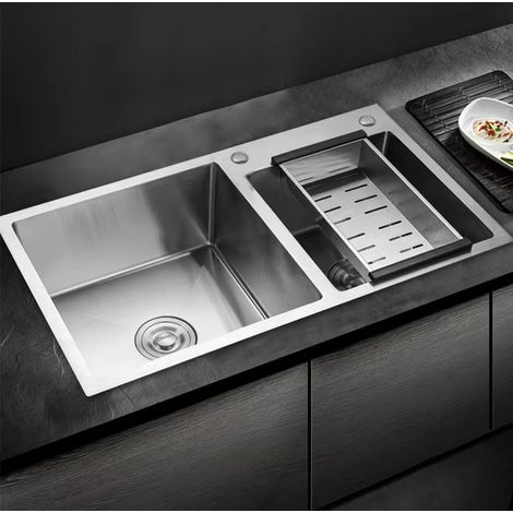 Évier lave-vaisselle double en acier inoxydable avec égouttoir, profond et encastré, accessoires de salle de bain et de cuisine, articles ménagers. (1/5)