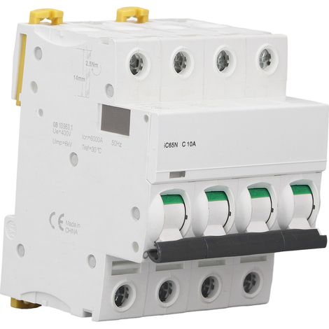 Disjoncteur miniature 4P Pa66, montage sur rail DIN, 400 V basse tension, pouvoir de coupure 6000 A, C10A (10 A) (1/5)