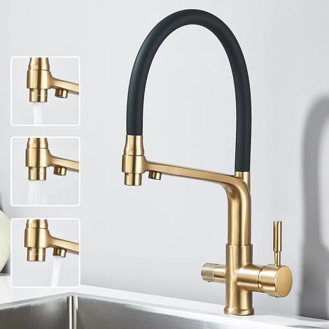 Robinet de cuisine eau filtrée double bec fonction de Purification robinet de cuisine grue d'eau rotative à 360 degrés pour la cuisine-Brush Gold