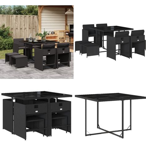 9-tlg. Garten-Essgruppe mit Kissen Schwarz Poly Rattan - Gartenmöbel Set - Essgruppenset - Gartentisch - Gartenstühle - Gartenhocker - Home & Living (1/5)